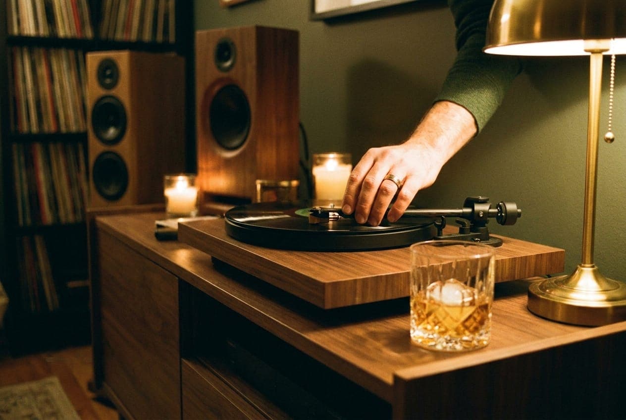 A turntable spinning a record on a wooden console beside tall vintage wooden speakers in a dim, warm bar